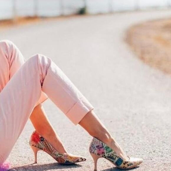 DOGO Vegan High Heel Shoes Cartoon And Slogans Print Women's Size 7 - Picture 4 of 14